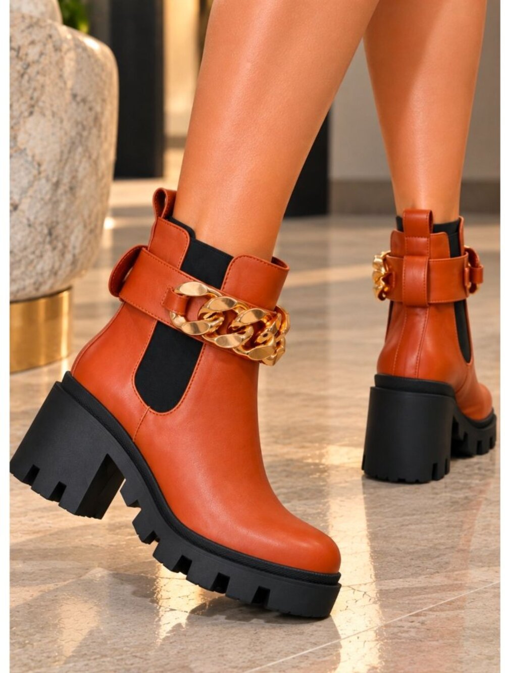 Tan Chunky Heel Ankle Boots With Gold Chain Accent & Lug Sole Design – Womens St